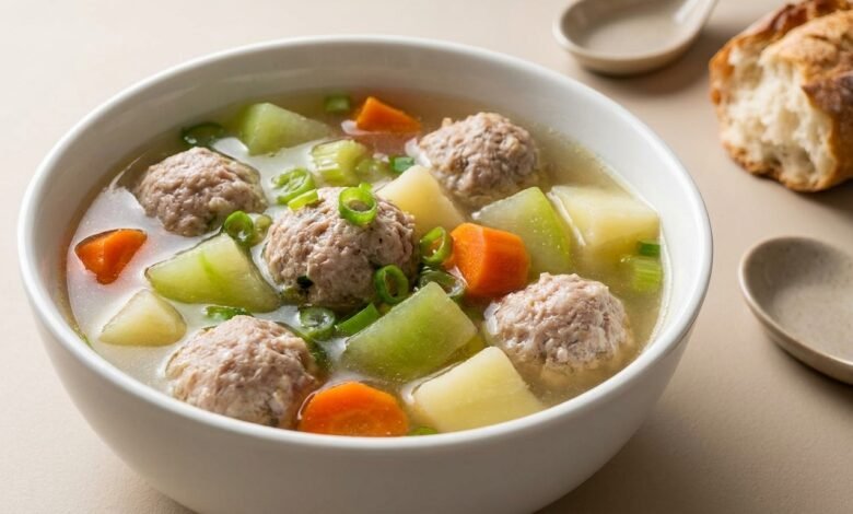 Overhead view of a bowl of Cambodian pork meatball soup with green papaya, carrot, potato, and celery in a clear broth.